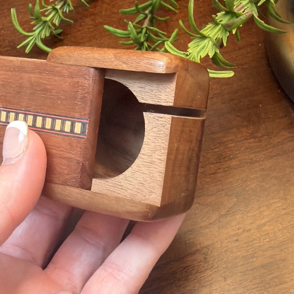 Vintage Wooden Trinket Box Sliding Lid Inlay Design Small Jewelry Stash Holder